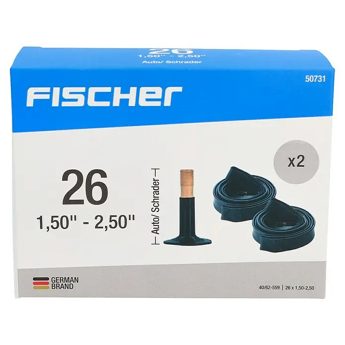 Fischer Fahrradschlauch - Autoventil, Durchmesser Rad: 26 " - Produktverpackung: Fischer Fahrradschlauch 26 Zoll, 1,50"-2,50", Auto/Schrader Ventil, 2er Pack, ideal für Fahrräder.