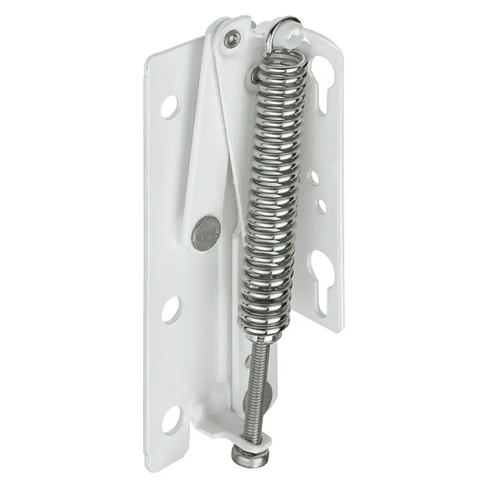Häfele Hochklappbeschlag - L x B x H: 27 x 46 x 138 mm, Links - Nahaufnahme eines weißen Schrankscharniers mit einer Metallfeder. Das Scharnier ist stabil gebaut und für Möbel geeignet.