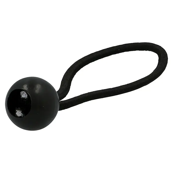 UniTEC Spannverschluss - 10 Stk. - Nahaufnahme eines schwarzen Bungee-Balls mit Gummikordel. Das Produkt ist ideal zum Sichern von Planen, Zelten oder Bannern.