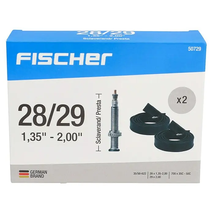 Fischer Fahrradschlauch - Sclaverandventil, Radgröße nach ETRTO: 35-622 bis 50-622 - Das Bild zeigt eine Fahrradschlauch-Verpackung der Marke Fischer, passend für 28/29 Zoll Reifen, mit Sclaverand/Presta Ventil.