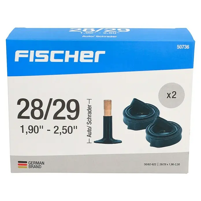 Fischer Fahrradschlauch - Autoventil, Radgröße nach ETRTO: 50-622 bis 62-622 - Abbildung einer FISCHER Fahrradschlauch-Verpackung (28/29 Zoll, 1,90"-2,50") mit Autoventil/Schraderventil, 2 Stück.