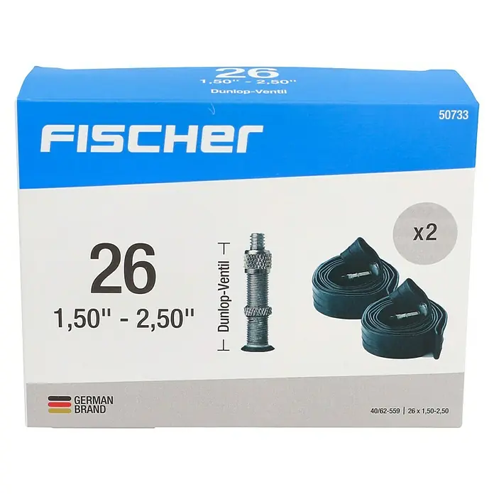 Fischer Fahrradschlauch - Dunlopventil, 26 " - Produktabbildung einer Fischer Fahrradschlauch Verpackung mit zwei 26 Zoll Schläuchen, passend für Reifengrößen 1,50 bis 2,50 Zoll.
