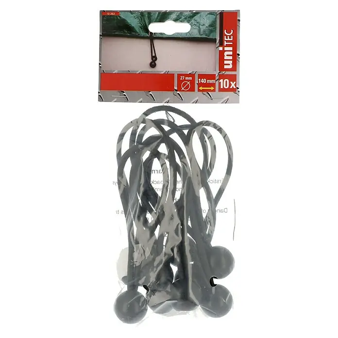 UniTEC Spannverschluss - 10 Stk. - Eine Packung Unitec Gummispanner, 10 Stück, ideal zum Befestigen von Planen und Abdeckungen, mit den Maßen 27 mm Durchmesser und 140 mm Länge.