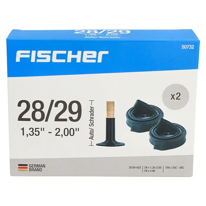 Fischer Fahrradschlauch - Radgröße nach ETRTO: 35-622 bis 50-622, Autoventil - Abbildung einer FISCHER Fahrradschlauchs für 28/29 Zoll Reifen, mit einer Breite von 1,35" bis 2,00", inklusive Auto/Schrader Ventil.