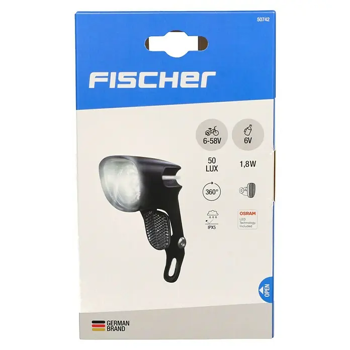 Fischer Fahrradbeleuchtungs-Set - LED, Schwarz, Beleuchtungsstärke: 50 lx - Verpackung für einen Fischer Fahrradscheinwerfer mit 6-58V, 6V, 50 Lux, 1,8W und 360° Ausleuchtung, mit Osram LED Technologie.