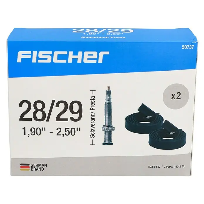 Fischer Fahrradschlauch - Sclaverandventil, Radgröße nach ETRTO: 50-622 bis 62-622 - Produktbild einer Fahrradschlauchpackung von Fischer, Größe 28/29 Zoll.