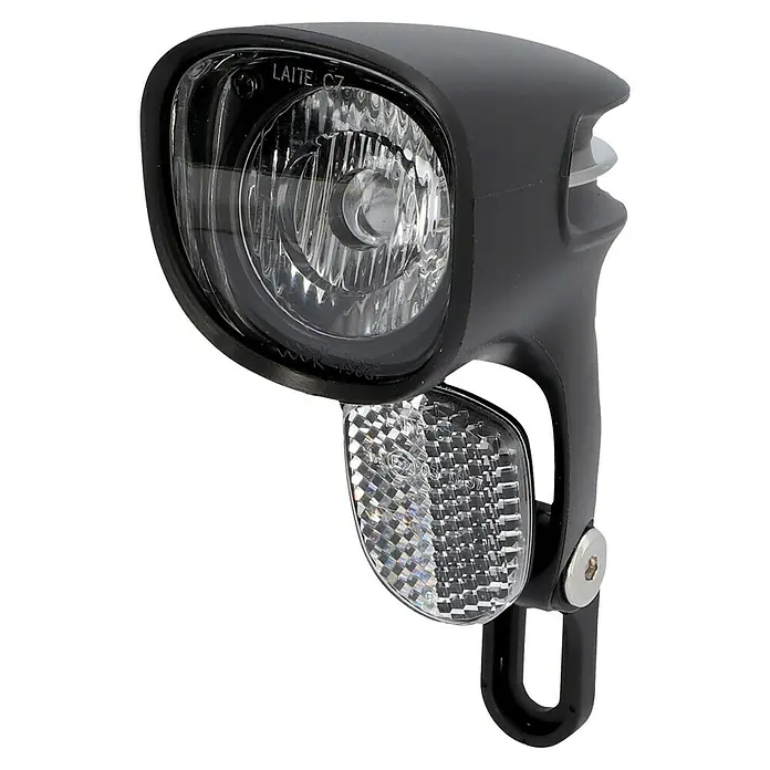 Fischer Fahrradbeleuchtungs-Set - LED, Schwarz, Beleuchtungsstärke: 50 lx - Ein detailliertes Bild einer Laite C7 Fahrradlampe in Schwarz, die ein helles Licht und einen Reflektor für erhöhte Sichtbarkeit bietet.
