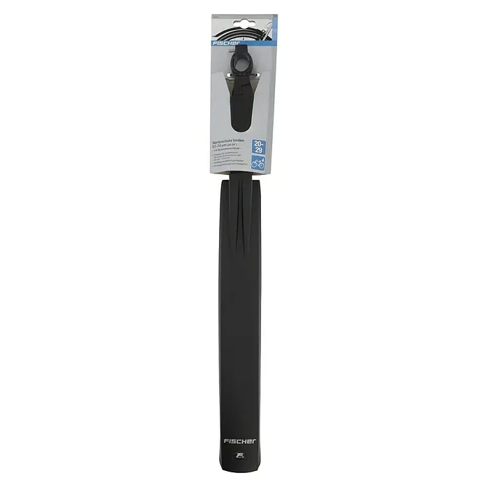 Fischer Spritzschutz - Passend für: 20" - 29" Laufräder - Abgebildeter Fischer Fahrrad Spritzschutz hinten mit Halterung, geeignet für 20-29 Zoll Fahrräder, bietet Schutz vor Spritzwasser und Schmutz.