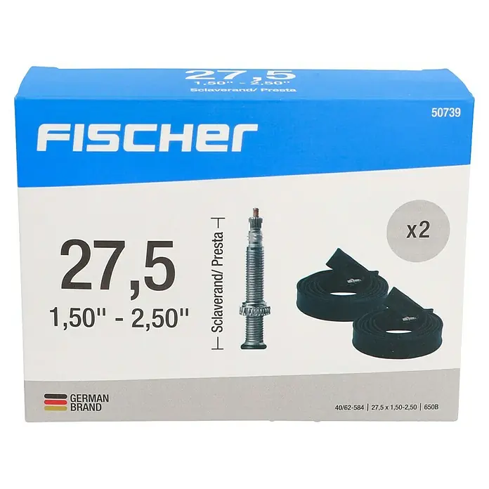 Fischer Fahrradschlauch - Sclaverandventil, 27,5 " - Das Bild zeigt die Verpackung einer Fischer Fahrradschlauch-Doppelpackung, Größe 27,5 Zoll.