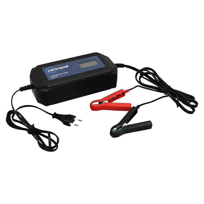 Cartrend Automatik-Ladegerät DP10.1 - Ladestrom: 10 A - Ein schwarzes Cartrend Ladegerät 10A SB1541 mit Krokodilklemmen und Stecker.