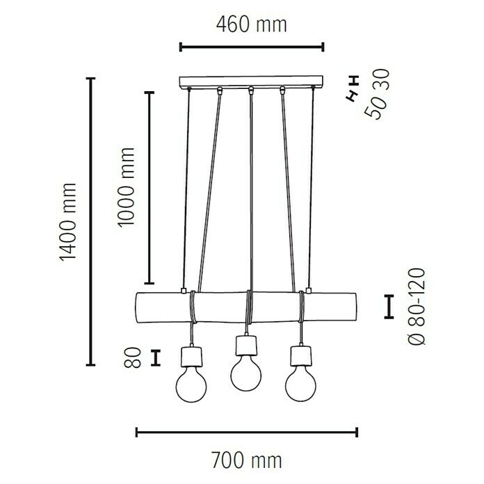 Spotlight Pendelleuchte Trabo Pino (60 W, L x B x H: 70 x 8 x 140 cm, Braun/Gebeizte Kiefer, Holz, E27, 3 Stk.) | BAUHAUS