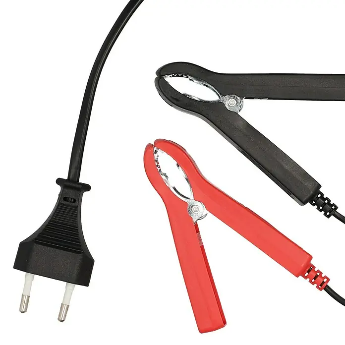 Cartrend Automatik-Ladegerät DP6.1 - Ladestrom: 6 A - Produktbild: Ladegerät mit roter und schwarzer Klemme sowie Stecker für die Steckdose.