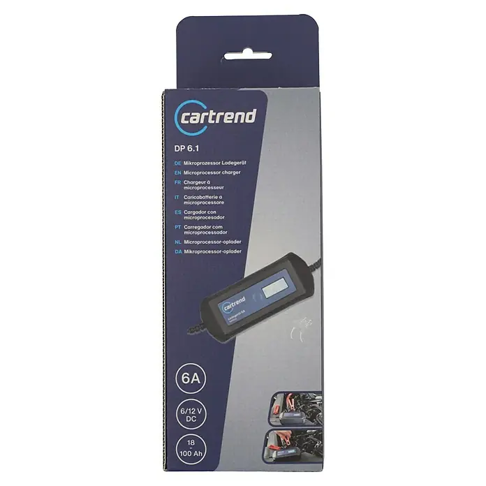 Cartrend Automatik-Ladegerät DP6.1 - Ladestrom: 6 A - Abbildung der Verpackung eines Cartrend DP 6.1 Mikroprozessor-Ladegeräts für Autobatterien mit den wichtigsten technischen Daten.