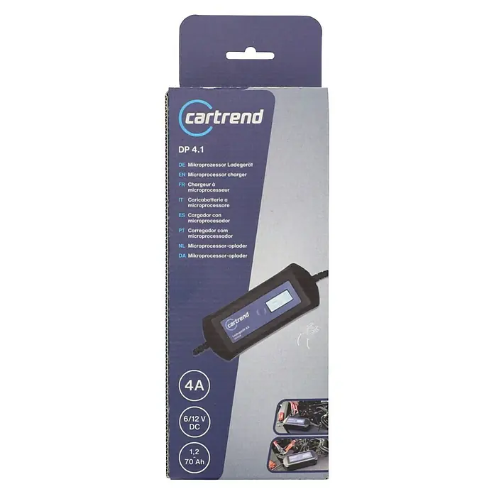 Cartrend Automatik-Ladegerät DP4.1 - Ladestrom: 4 A - Bild der Verpackung eines Cartrend DP 4.1 Mikroprozessor-Ladegeräts mit Details zu Funktionen und Spezifikationen.