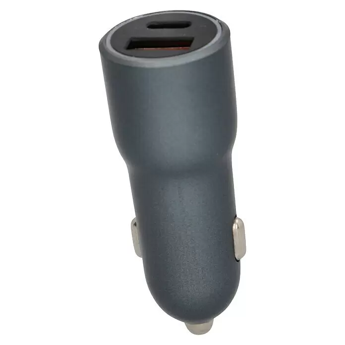 Cartrend USB-Ladeadapter - 5 V, Passend für: USB-C und USB - Dunkelgraues Autoladegerät mit zwei USB-Anschlüssen.