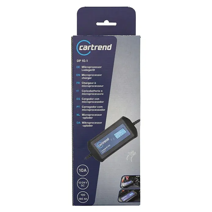 Cartrend Automatik-Ladegerät DP10.1 - Ladestrom: 10 A - Abbildung des Cartrend DP 10.1 Mikroprozessor-Ladegeräts, das 12/24V DC und 10A unterstützt und für 100-180Ah-Batterien geeignet ist.