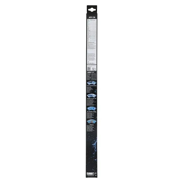 Bosch Aerotwin Scheibenwischer - APX26, Anzahl: 1 Stk. - Produktverpackung der APX 26 Scheibenwischer, die Informationen zu Montage, Leistung und Wetterfestigkeit bietet.