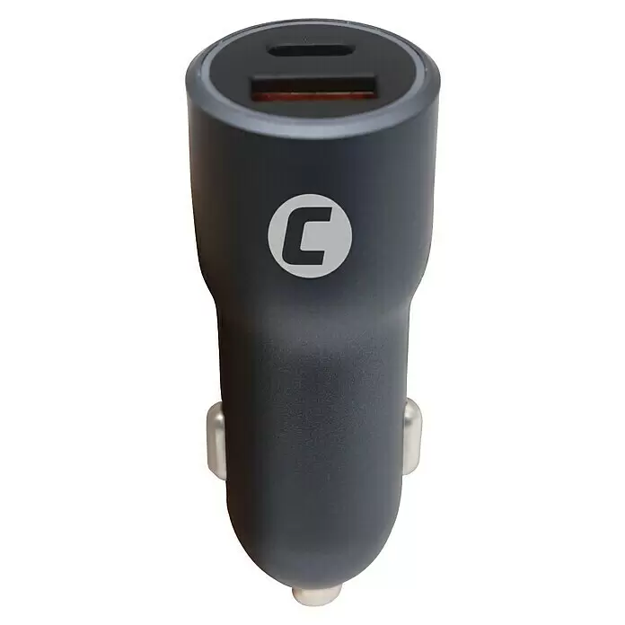 Cartrend USB-Ladeadapter - 5 V, Passend für: USB-C und USB - Dunkelgraues Auto-Ladegerät mit USB-A- und USB-C-Anschlüssen und weißem 'C'-Logo.