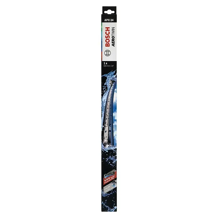Bosch Aerotwin Scheibenwischer - APX24, Anzahl: 1 Stk. - Produktverpackung eines Bosch Aerotwin APX 24 Scheibenwischers mit einer Länge von 600 mm, hervorgehoben durch Wasser- und Wolkendesign.
