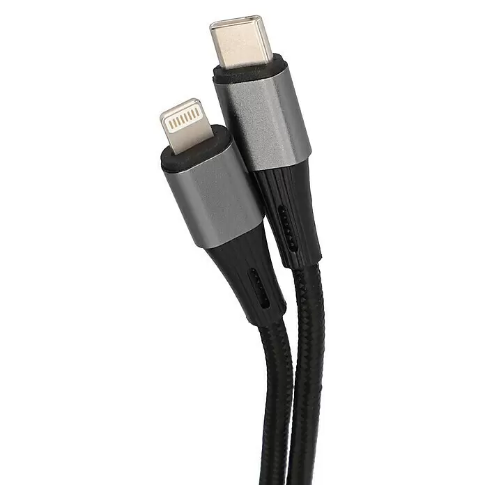 Cartrend USB-Ladekabel - Passend für: USB-C auf Light, Kabellänge: 1 m - Schwarz geflochtenes Ladekabel mit silbergrauen Lightning- und USB-C-Anschlüssen.