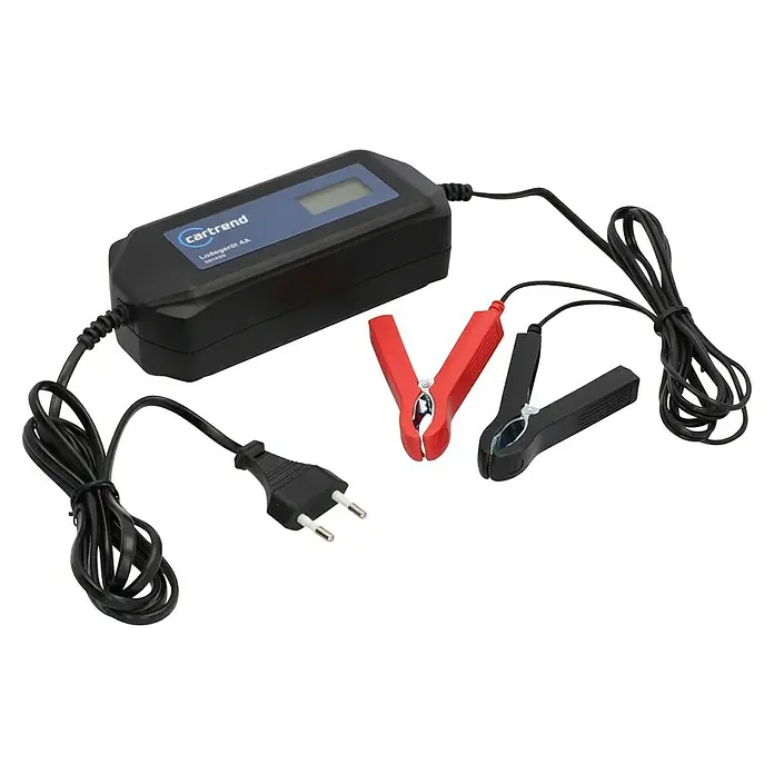 Cartrend Automatik-Ladegerät DP4.1 - Ladestrom: 4 A - Abbildung eines Cartrend Ladegerät 4A mit Ladekabel und Klemmen für Autobatterien.