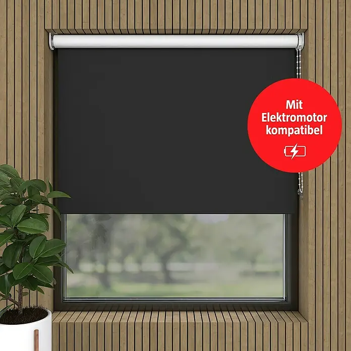 Verdunkelungsrollo - B x H: 240 x 190 cm, Schwarz - Bild von einem Verdunkelungsrollo, das mit einem Elektromotor kompatibel ist, mit einem Muster aus vertikalen Holzpaneelen.