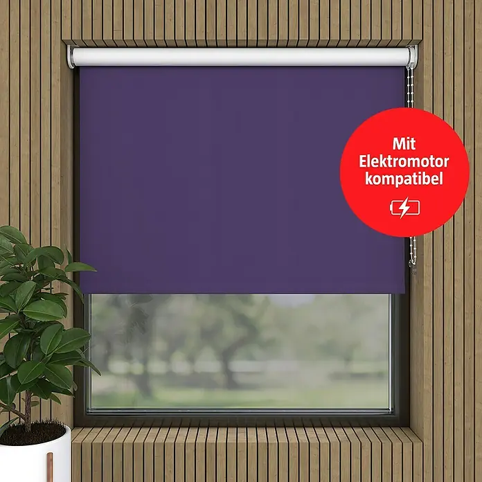 Verdunkelungsrollo - B x H: 60 x 190 cm, Lila - Lila Rollo am Fenster mit Holzrahmen und einer Zimmerpflanze. Auf dem Rollo ist ein roter Kreis mit dem Text "Mit Elektromotor kompatibel".