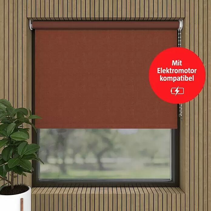 Verdunkelungsrollo Velvet - B x H: 90 x 190 cm, Terra - Braunes Rollo im Fensterrahmen mit Holzverkleidung, kompatibel mit Elektromotor.