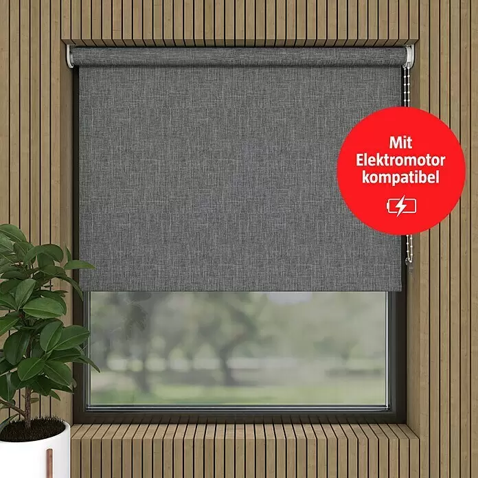 Verdunkelungsrollo Structure - B x H: 140 x 190 cm, Asche - Texturierter grauer Rollo, in einem Fenster installiert und mit Elektromotor kompatibel.