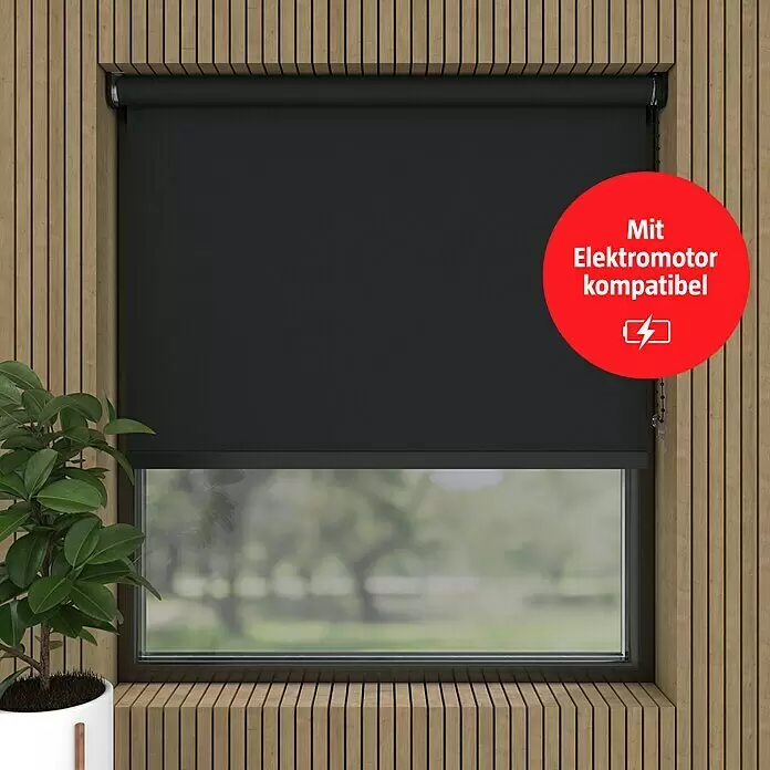 Expo Ambiente Verdunkelungsrollo Mila - B x H: 150 x 190 cm, Schwarz - Schwarzes Rollo, im Fenster montiert, mit Elektromotor kompatibel.
