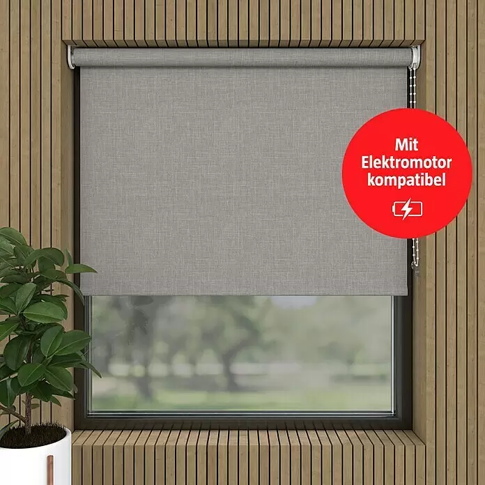Verdunkelungsrollo Structure - B x H: 140 x 190 cm, Kalk - Graues Stoffrollos im Fensterrahmen, kompatibel mit Elektromotor.