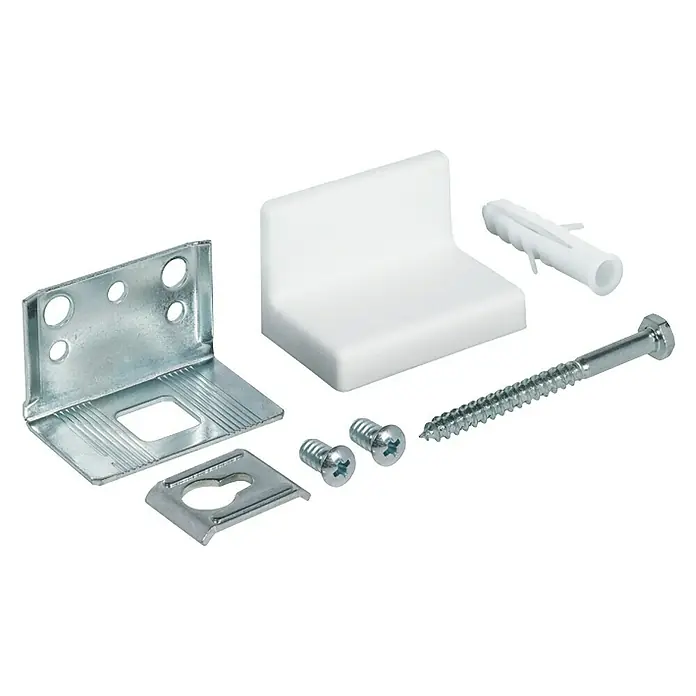 Suki Herraje para colgar armarios - L x An: 56 x 35 mm - La imagen muestra un conjunto de herrajes de montaje, incluyendo un soporte, tornillos, anclajes y una tapa blanca, ideal para fijaciones de muebles.