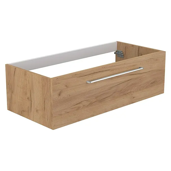 Camargue Espacio Waschtischunterschrank - 100 x 46 x 30 cm, Doce - Ein Unterschrank mit Holzstruktur und einem schmalen, silberfarbenen Griff. Das Möbelstück ist schlicht und modern gestaltet.