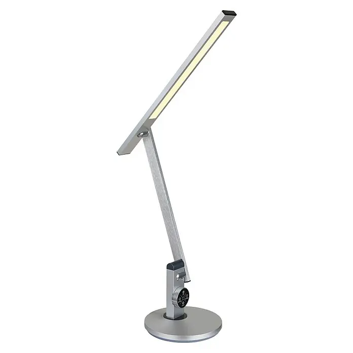 Globo LED-Tischleuchte Solana - 12 W, L x B x H: 63,5 x 19 x 49,9 cm, Silber, Mehrfarbig - Diese Aufnahme zeigt eine moderne LED-Schreibtischlampe mit verstellbarem Arm und Drehknopf zur Steuerung der Lichtintensität.