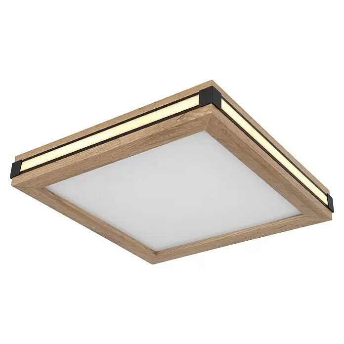 Globo LED-Deckenleuchte Carla - 12 W, Warmweiß, Holzoptik, L x B x H: 30 x 30 x 7,5 cm - Quadratische Deckenleuchte mit Holzrahmen, schwarzen Eckakzenten und integrierten LED-Streifen, die eine weiße Diffusorplatte beleuchten.