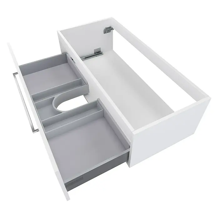 Camargue Espacio Waschtischunterschrank - 100 x 46 x 30 cm, Mira - Ein offener Waschbeckenunterschrank mit einer Schublade in hellgrauem Innenausbau, der zusätzlichen Stauraum und Ordnung bietet.