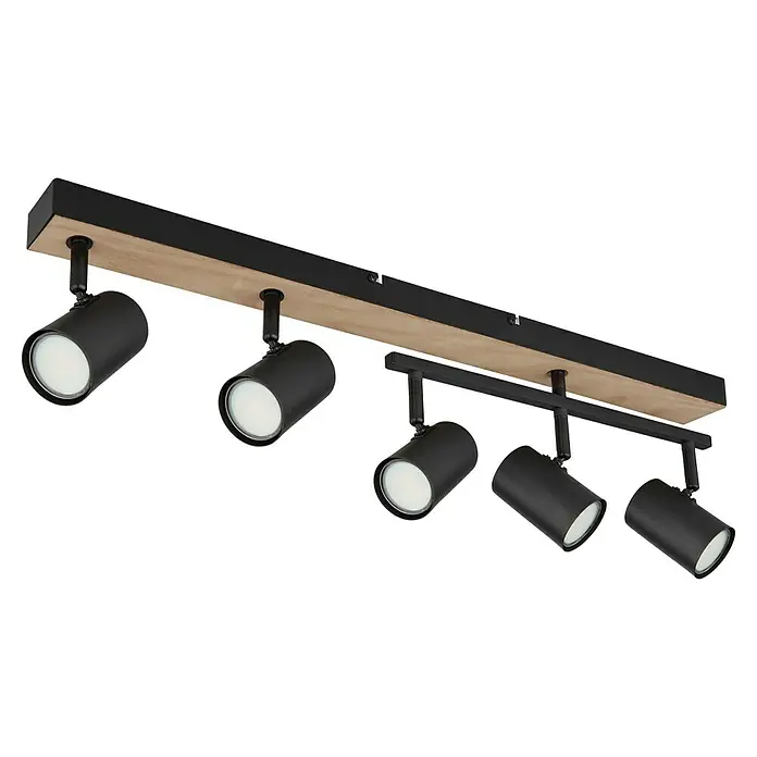 Globo Robby Deckenstrahler - 35 W, L x B x H: 70 x 3,5 x 18 cm, Schwarz, Anzahl Leuchtmittel: 5 Stk. - Moderne LED-Deckenleuchte mit Holzdetail und schwarzen Strahlern für stilvolle Beleuchtung in jedem Raum.