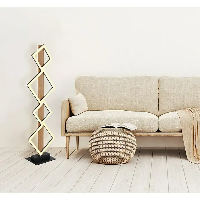 Globo LED-Stehleuchte Dustin - L x B x H: 30,7 x 18 x 103 cm, 35 W - Eine moderne Stehlampe mit geometrischem Design aus Holz und LED-Lichtern, die ein stilvolles Ambiente erzeugt.