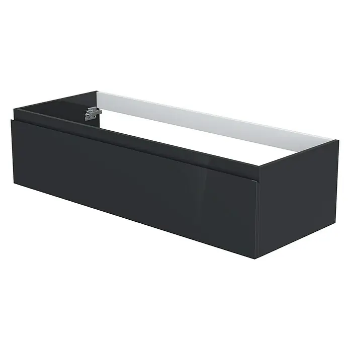 Camargue Espacio Waschtischunterschrank - 120 x 46 x 30 cm, Gama anthrazit glänzend - Abbildung eines modernen, glänzenden, schwarzen Waschtischunterschranks. Er zeichnet sich durch ein minimalistisches Design und eine klare Linienführung aus.