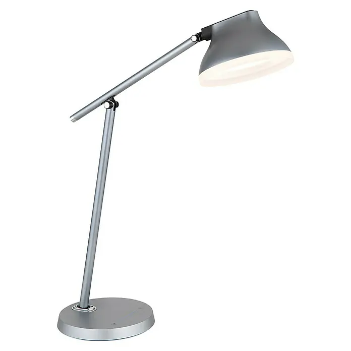 Globo LED-Tischleuchte Halvar - L x B x H: 43,2 x 17,8 x 75,8 cm, 8 W - Das Bild zeigt eine moderne Schreibtischlampe mit einem silbernen Finish, die Licht spendet und sich ideal für den Arbeitsplatz eignet.
