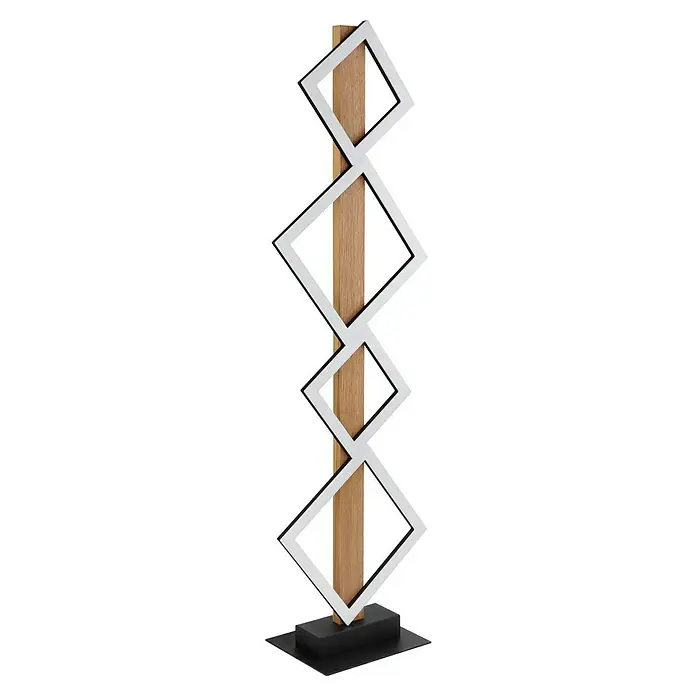 Globo LED-Stehleuchte Dustin - L x B x H: 30,7 x 18 x 103 cm, 35 W - Dekorative Skulptur mit Holz und weißen, rautenförmigen Akzenten auf einem schwarzen Sockel. Ein stilvolles Wohnaccessoire.