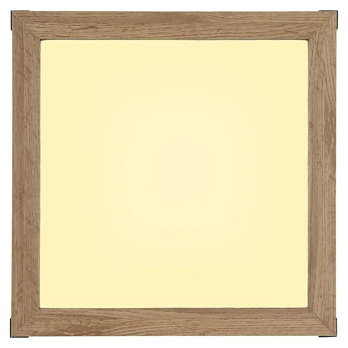 Globo LED-Deckenleuchte Carla - 12 W, Warmweiß, Holzoptik, L x B x H: 30 x 30 x 7,5 cm - Holzrahmen mit einem hellgelben Hintergrund. Der Rahmen hat eine natürliche Holzmaserung, die dem Bild eine rustikale Note verleiht.