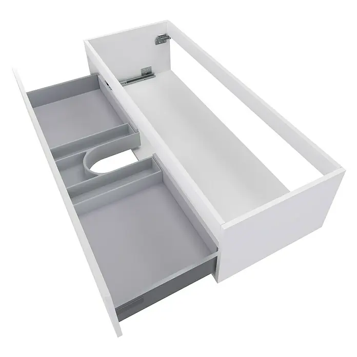 Camargue Espacio Waschtischunterschrank - 120 x 46 x 30 cm, Gama weiß matt - Offener weißer Badezimmerschrank mit einer grauen Schublade mit Fächern.