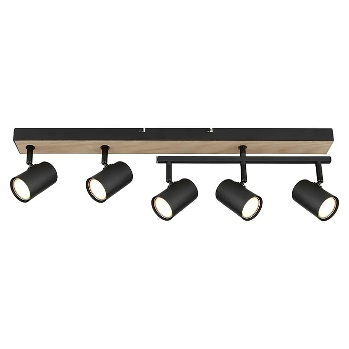 Globo Robby Deckenstrahler - 35 W, L x B x H: 70 x 3,5 x 18 cm, Schwarz, Anzahl Leuchtmittel: 5 Stk. - Eine moderne Deckenleuchte mit fünf schwarzen Strahlern, montiert an einer Holzplatte, die für stilvolle Beleuchtung sorgt.