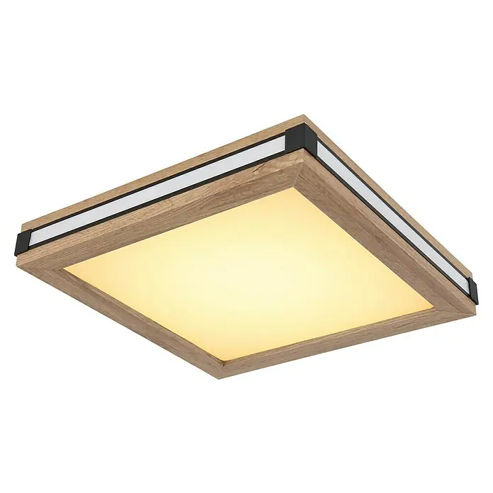 Globo LED-Deckenleuchte Carla - 12 W, Warmweiß, Holzoptik, L x B x H: 30 x 30 x 7,5 cm - Quadratische LED-Deckenleuchte in Holzoptik mit schwarzem Akzent für eine warme und moderne Beleuchtung.