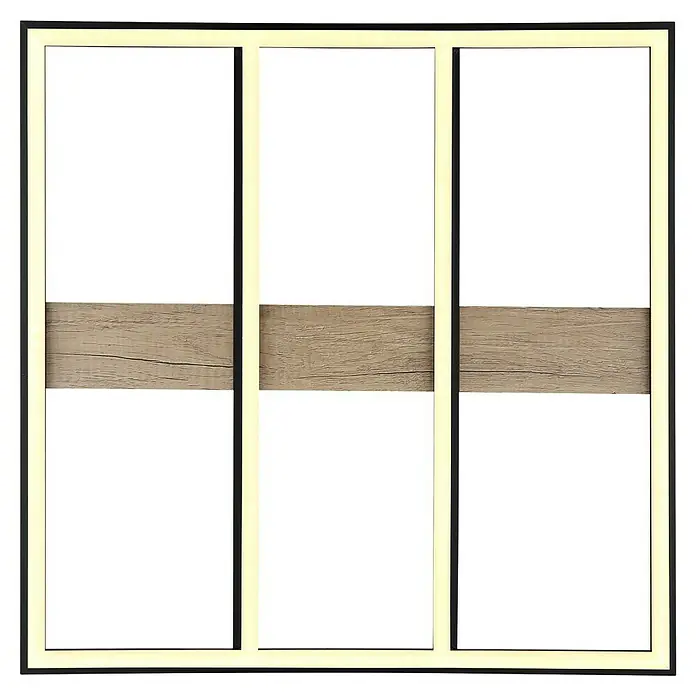 Globo LED-Deckenleuchte Froomy - 48 W, L x B x H: 60 x 60 x 5,5 cm, Holzoptik, Warmweiß - Nahaufnahme eines dreiteiligen Raumteilers mit hellem Rahmen und einem horizontalen Holzpaneel, das für Privatsphäre sorgt. Ideal für Wohn- oder Bürobereiche.