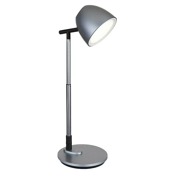 Globo LED-Tischleuchte Casala - 7,5 W, L x B x H: 35 x 16,7 x 50 cm, Grau, Mehrfarbig - Nahaufnahme einer modernen, verstellbaren Stehlampe mit grauem Schirm und rundem Sockel.