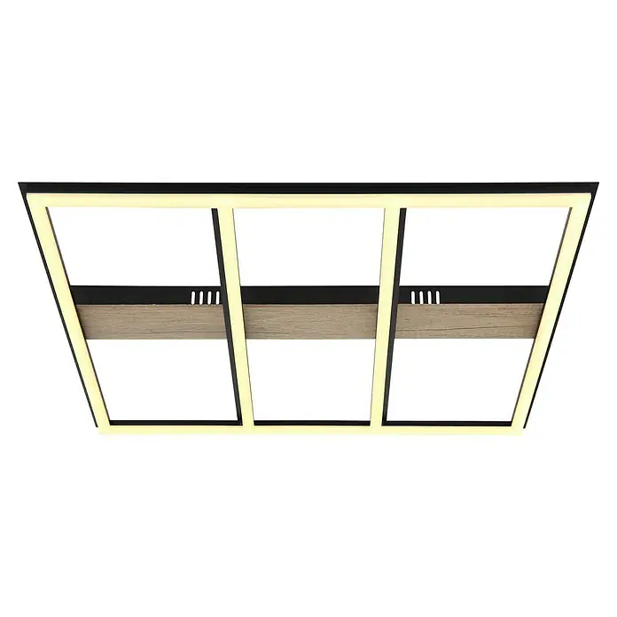 Globo LED-Deckenleuchte Froomy - 48 W, L x B x H: 60 x 60 x 5,5 cm, Holzoptik, Warmweiß - Deckenleuchte mit schwarzem Rahmen und drei rechteckigen Lichtfeldern, die eine moderne und elegante Beleuchtungslösung bietet.