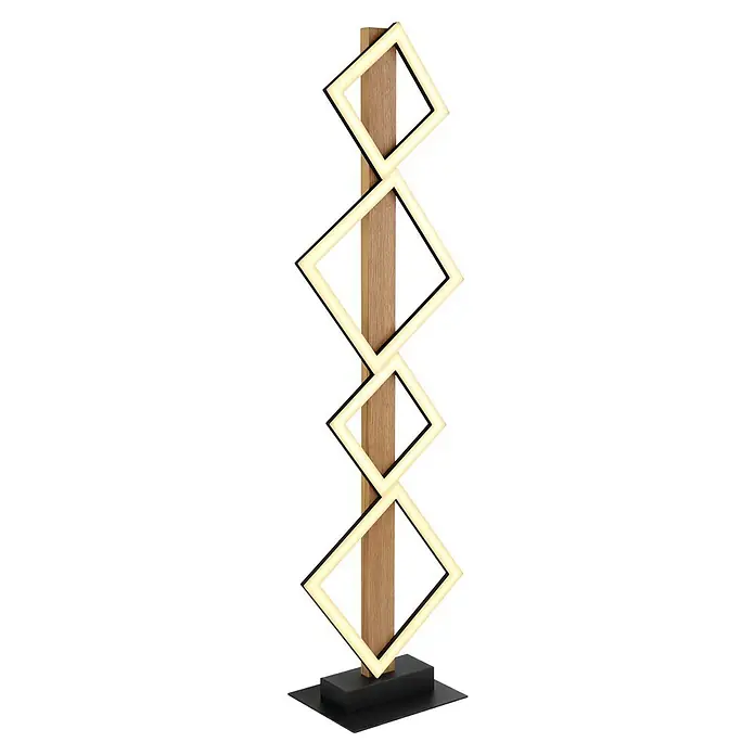 Globo LED-Stehleuchte Dustin - L x B x H: 30,7 x 18 x 103 cm, 35 W - Eine moderne Stehlampe mit einem Holzstab und vier quadratischen, beleuchteten Rahmen, die ein stilvolles Lichtdesign bietet.