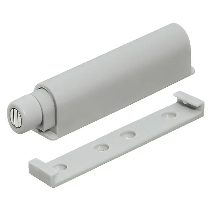 Suki Cerradura magnética - Distancia entre orificios: 20 mm, Plástico - La imagen muestra un abridor de puerta de armario gris con una placa de montaje para una fácil instalación.